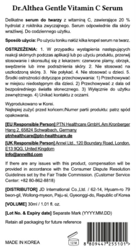 Tył opakowania serum Dr.Althea Gentle Vitamin C 30ml z polskim opisem, ostrzeżeniami i kodem kreskowym.