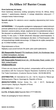 Tył opakowania Dr. Althea 147 Barrier Cream. Białe pudełko z czarnym tekstem, instrukcjami, ostrzeżeniami i kodem kreskowym.