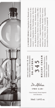 Krem Dr. Althea 345 Relief Cream 50ml do skóry trądzikowej, białe opakowanie, widok z przodu, tło labowe.