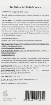 Tył opakowania Dr.Althea 345 Relief Cream, zawiera polskie ostrzeżenia, dane producenta i kod kreskowy, 50ml.