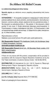 Dr.Althea 345 Relief Cream, tył opakowania z polskimi i angielskimi informacjami o produkcie, 50ml.