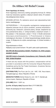 Tył opakowania Dr.Althea 345 Relief Cream: biała etykieta z polskimi i angielskimi informacjami, widoczny kod kreskowy.