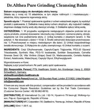 Dr.Althea Pure Grinding Cleansing Balm, tył opakowania z listą składników i ostrzeżeniami.