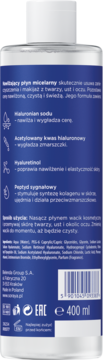 Tył butelki płynu micelarnego Soraya Hialuronowy Mikrozastrzyk 400ml, niebieska etykieta ze składem.