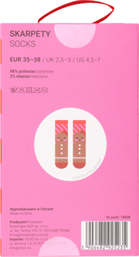 Różowe opakowanie skarpetek z obrazkiem piernikowych ludzików. Widok z tyłu, rozmiar EUR 35-38.