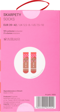 Tył różowego opakowania skarpetek z informacjami o rozmiarze i grafiką świątecznych skarpetek-pierników.