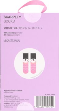 Tył różowego opakowania skarpetek SOCKS z pingwinami. Rozmiar 35-38, skład oraz dane producenta Rossmann.