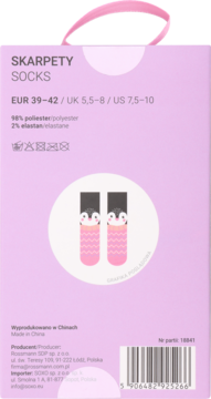 Tył różowego opakowania skarpet z pingwinami, widoczny rozmiar EUR 39-42 i skład materiału.