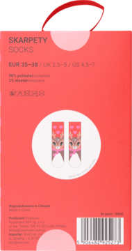 Tył czerwonego opakowania skarpetek dziewczęcych z jelonkiem w koronie, widoczne info o rozmiarze i składzie materiału.