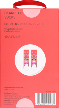 Tył czerwonego opakowania skarpet dziecięcych z motywem renifera, rozmiary 39-42, skład: poliester, elastan. Dane producenta.