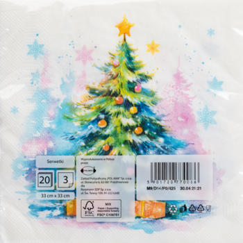 Serwetki papierowe świąteczne, 20 sztuk, 3-warstwowe, z akwarelowym motywem choinki i kolorowych gwiazdek, w przezroczystym opakowaniu.