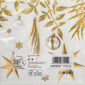Serwetka papierowa dekoracyjna, biała ze złotymi wzorami: bombki, gwiazdy, liście. Widok z przodu w folii.