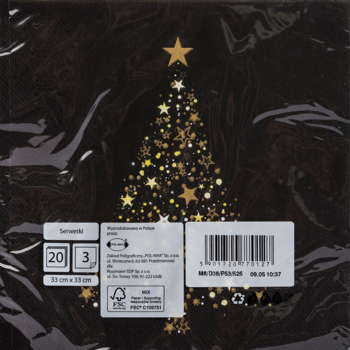 Tył opakowania czarnych serwetek papierowych z choinką ze złotych gwiazdek, 20 sztuk, 33x33 cm.