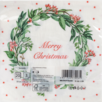 Serwetki papierowe dekoracyjne białe, 33x33 cm, z zieloną girlandą i czerwonymi jagodami, napisem 'Merry Christmas'.