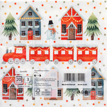 Świąteczna serwetka papierowa, widok z góry. Wzór: zimowe domki, bałwan, czerwony pociąg z lampkami i choinki.