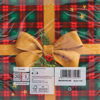 Tył opakowania serwetek świątecznych w czerwono-zieloną kratę ze złotą kokardą i etykietami produktu.