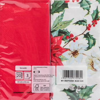Serwetka papierowa dekoracyjna świąteczna. Z lewej czerwone złożone, z prawej wzór w ostrokrzew i poinsecje. Widok przodu opakowania.