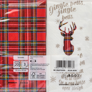 Dwa opakowania świątecznych serwetek papierowych: w kratę czerwono-zieloną i białe z jeleniem w kratę i napisem Jingle bells.