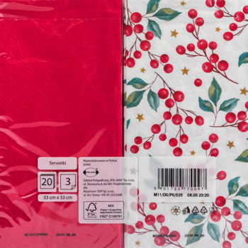 Serwetki papierowe dekoracyjne: góra czerwona, dół z białym tłem, czerwonymi jagodami, zielonymi liśćmi i gwiazdkami.