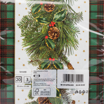 Serwetki papierowe dekoracyjne z bożonarodzeniowym wzorem: zielony iglak, ostrokrzew, szyszki, czerwona krata.