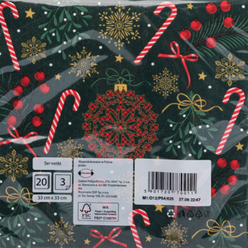 Dekoracyjne serwetki papierowe zielone w folii, ze wzorem świątecznym: laski, bombki, płatki śniegu i jagody.