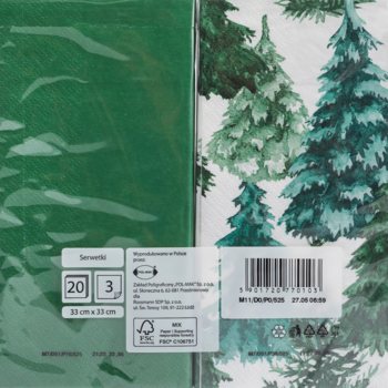 Serwetki papierowe dekoracyjne z motywem zielonych choinek. Widok na tył opakowania i przód z wzorem leśnym.
