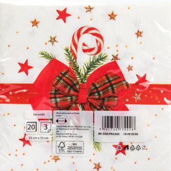 Białe, dekoracyjne serwetki papierowe świąteczne z czerwoną kokardą w kratę, laską cukrową i gwiazdkami.