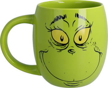 Zielony ceramiczny kubek Grinch z uśmiechniętą twarzą Grincha z żółtymi oczami, widok z przodu.