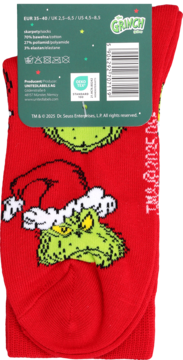 Czerwone skarpetki Grinch, złożone, z nadrukiem Grincha w czapce Mikołaja. Widoczny tył opakowania, rozmiar 35-40.
