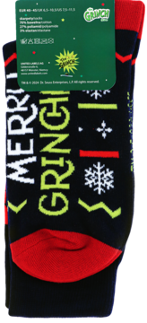Czarne skarpety Grinch, rozmiar 40-45, z napisem 'MERRY GRINCHMAS', bawełna, widok z przodu.