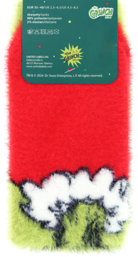 Puszyste skarpety Grinch rozmiar 35-40, czerwono-zielone z białym futerkiem, w oryginalnym opakowaniu.