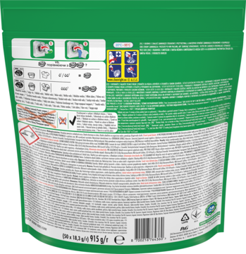 Tył zielonego, foliowego opakowania kapsułek do prania Ariel All-in-1 Pods Mountain Spring z instrukcjami i ostrzeżeniami.