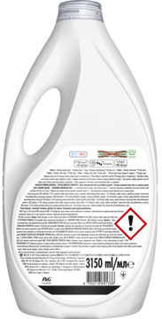 Tył białej butelki płynu do prania Ariel Mountain Spring XXL 3150 ml, z etykietą instrukcji i symbolem ostrzegawczym.