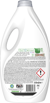 Tył białej butelki płynu do prania Ariel Color 3150 ml z uchwytem, widoczną etykietą, kodem kreskowym i piktogramami.