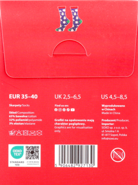 Czerwony tył opakowania skarpetek z ilustracją, białym tekstem: rozmiary (EU, UK, US) i skład. Logo Oeko-Tex widoczne.