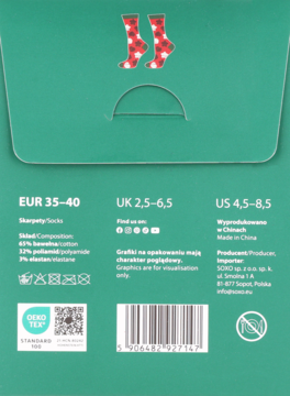 Tył zielonego opakowania skarpet z grafiką czerwonych skarpetek w kropki, rozmiarem (EUR 35-40), składem (bawełna) i kodem EAN.
