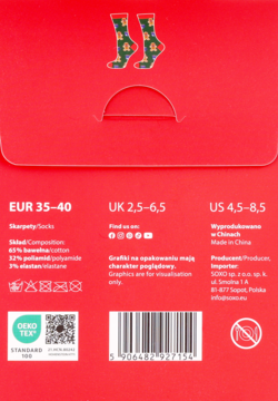 Tył czerwonego opakowania skarpetek z motywem pierniczków. Widoczne rozmiary (EUR 35-40), skład (bawełna) i kod.