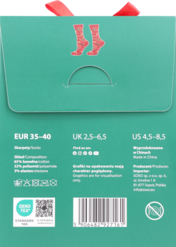Tył miętowo-zielonego opakowania skarpet z czerwonymi skarpetkami, składem (bawełna), rozmiarami, kodem kreskowym.
