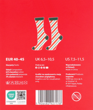 Tył opakowania skarpetek w zielono-białe paski. Widoczne rozmiary (EUR 40-45) i skład tkaniny na czerwonym tle.