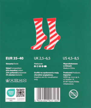 Tył zielonego opakowania skarpet, z ilustracją czerwonobiałych pasków, widoczne rozmiary, skład i dane producenta.
