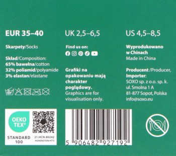 Tył zielonej etykiety skarpetek: rozmiar (EUR 35-40), skład (65% bawełny), Made in China, Oeko-Tex.