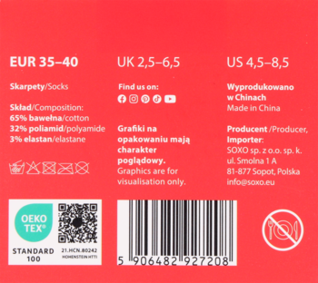 Tył czerwonego opakowania skarpet z informacjami o rozmiarach, składzie, producenta i kodem kreskowym.