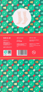 Tył opakowania damskich skarpet świątecznych w choinki, z widocznymi rozmiarami, składem materiału i kodem kreskowym.