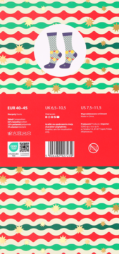 Opakowanie świątecznych skarpet z tyłu. Zielono-czerwone fale, szare skarpety, złote gwiazdki, rozmiary.