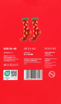 Tył opakowania skarpetek z wzorem pomarańczowych plastrów owoców. Widoczne rozmiary i skład materiału.