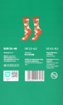 Tył zielonego opakowania skarpetek z jesiennym wzorem w liście, widoczne rozmiary, skład i certyfikat OEKO-TEX.