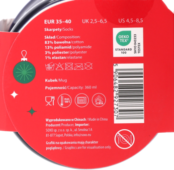 Tył czerwonego opakowania świątecznych skarpetek bawełnianych (83%) z tabelą rozmiarów EUR 35-40.