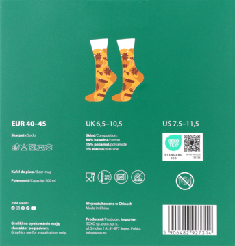 Tył zielonego opakowania skarpetek w piwny wzór, widoczne rozmiary, skład i kod kreskowy.