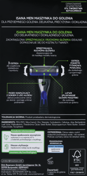 Tył opakowania maszynki Isana Men z diagramem ostrzy, ruchomej główki i paska nawilżającego, na czarnym tle.
