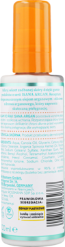 Biała butelka balsamu do rąk Isana Argan z pomarańczową nakrętką, tył z czytelną listą składników i opisem produktu.